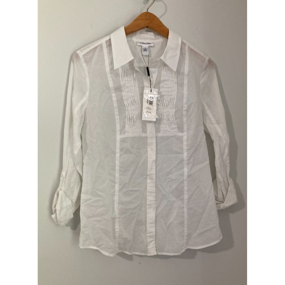 NWT Calvin Klein Button Down Shirt Womens M Layer White Top Accent Fitted Core